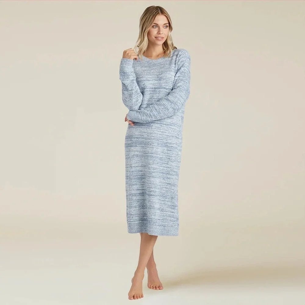 Softies Sweater Dress Womens L Blue Marled Knit Long Sleeve Crew Neck Midi Cozy